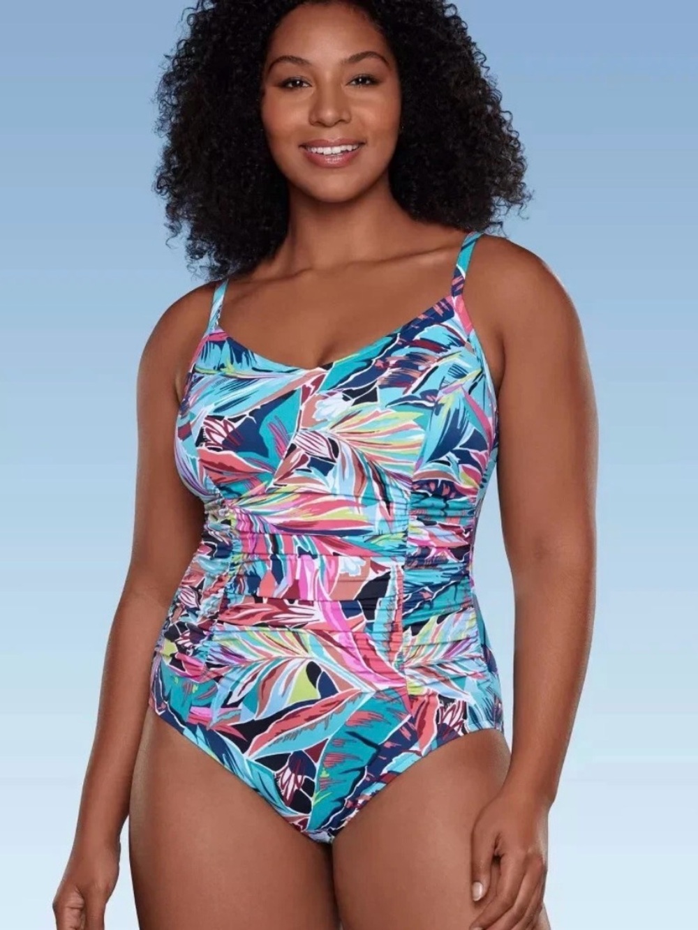 Aqua Green XL Blue One Piece Swim Suit Tropical Floral Print Ruching Slimming
